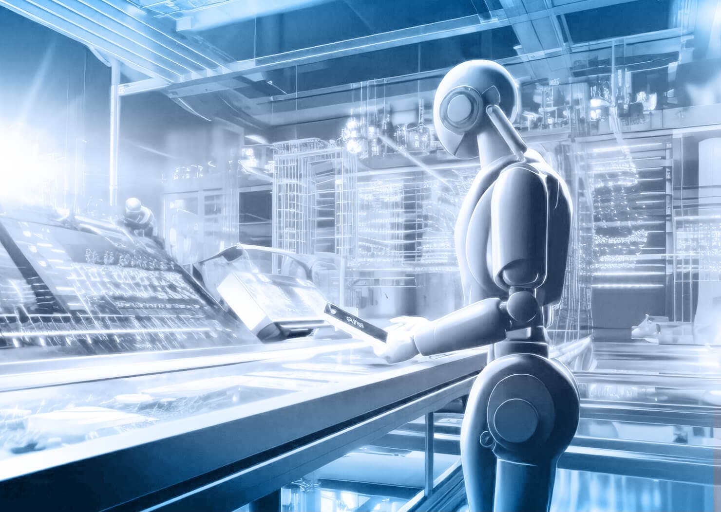 Obraz przedstawiający nowoczesnego robota, który przegląda nowoczesną infrastrukturę